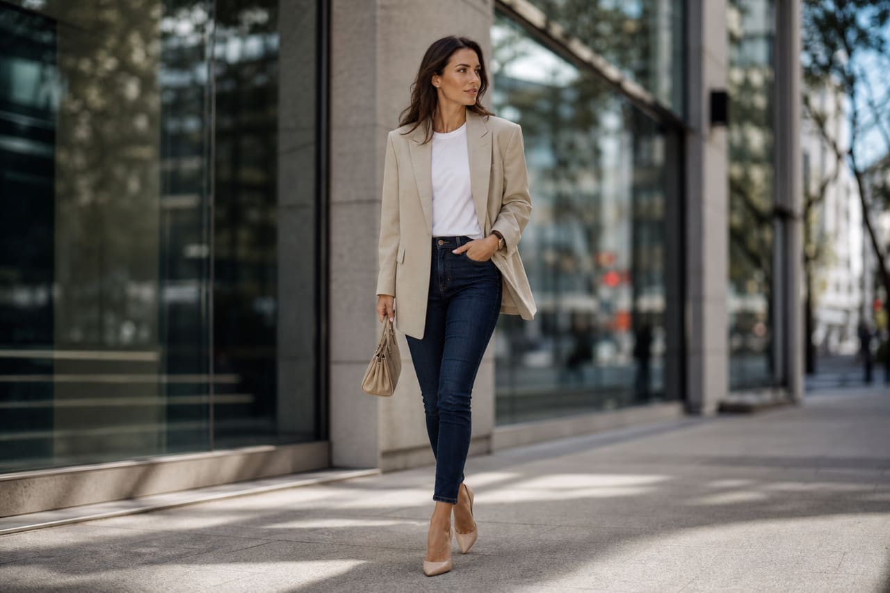 Woman Wearing Stylish Skinny Jeans and Blazer in Urban Setting