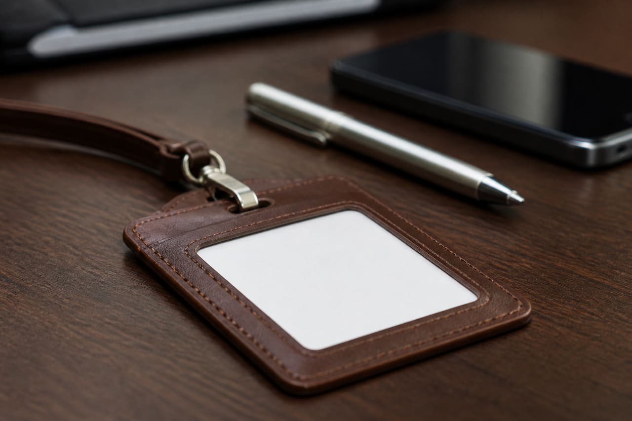 Professional Leather Identity Card Holder on a Wooden Desk