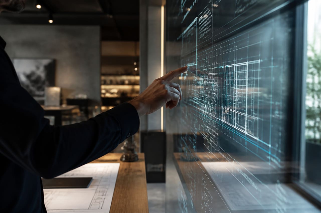 Architect Using Interactive Glass Surfaces for Digital Blueprints