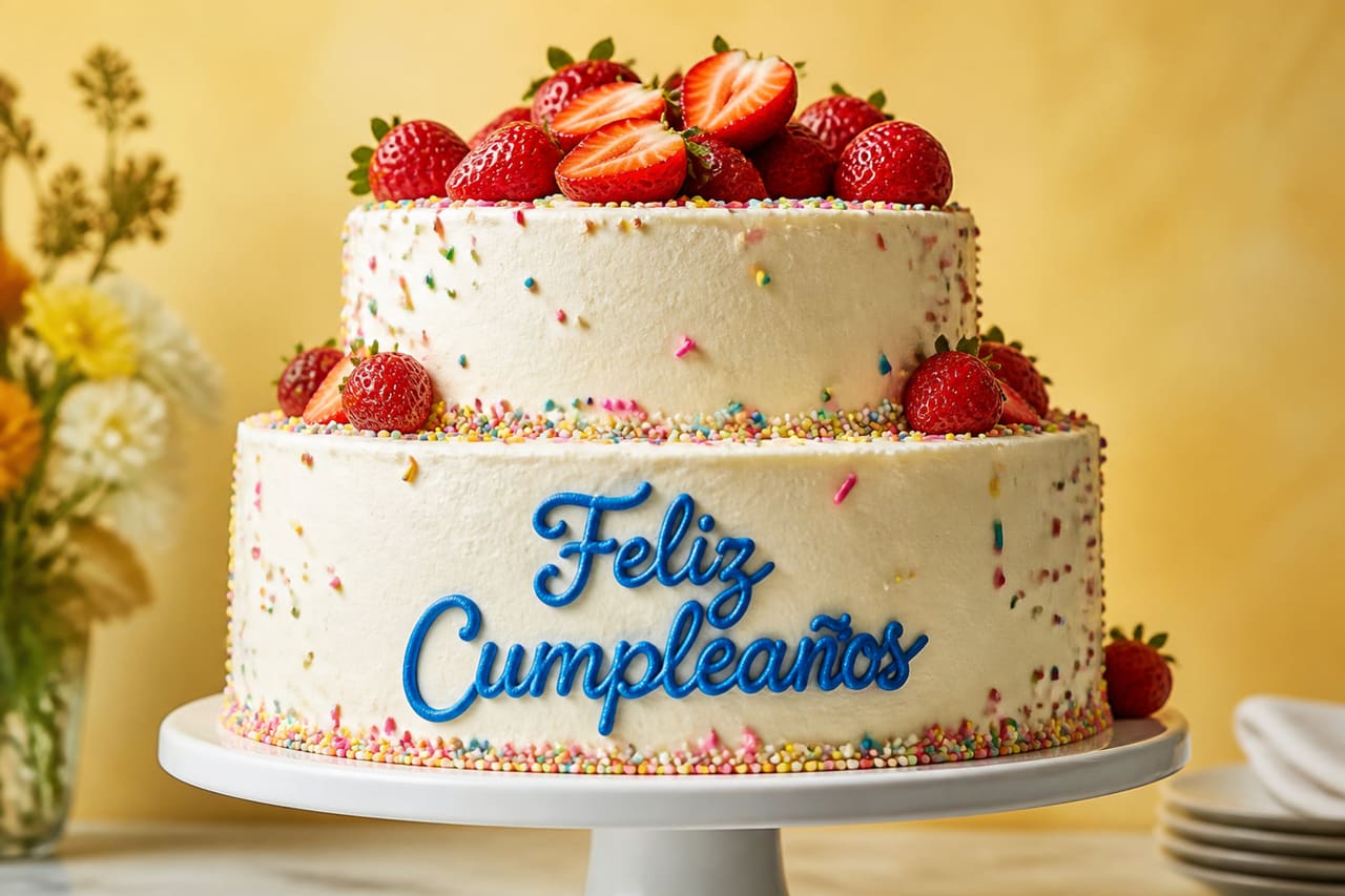Vanilla Birthday Cake with Feliz Cumpleaños Icing
