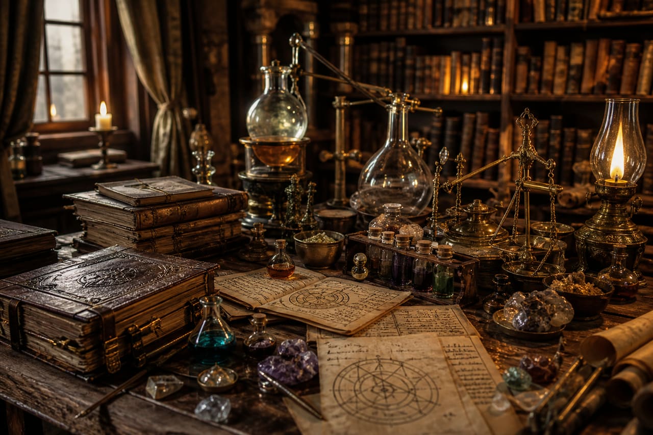 Detailed Alchemy Workshop with Ancient Books and Glassware