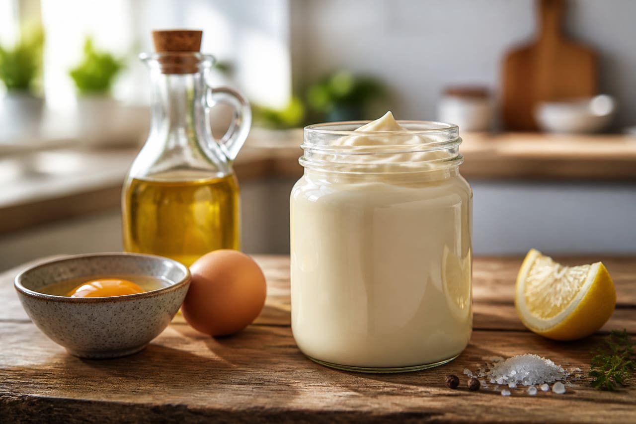 Glass Jar of Creamy Mayonnaise with Fresh Ingredients