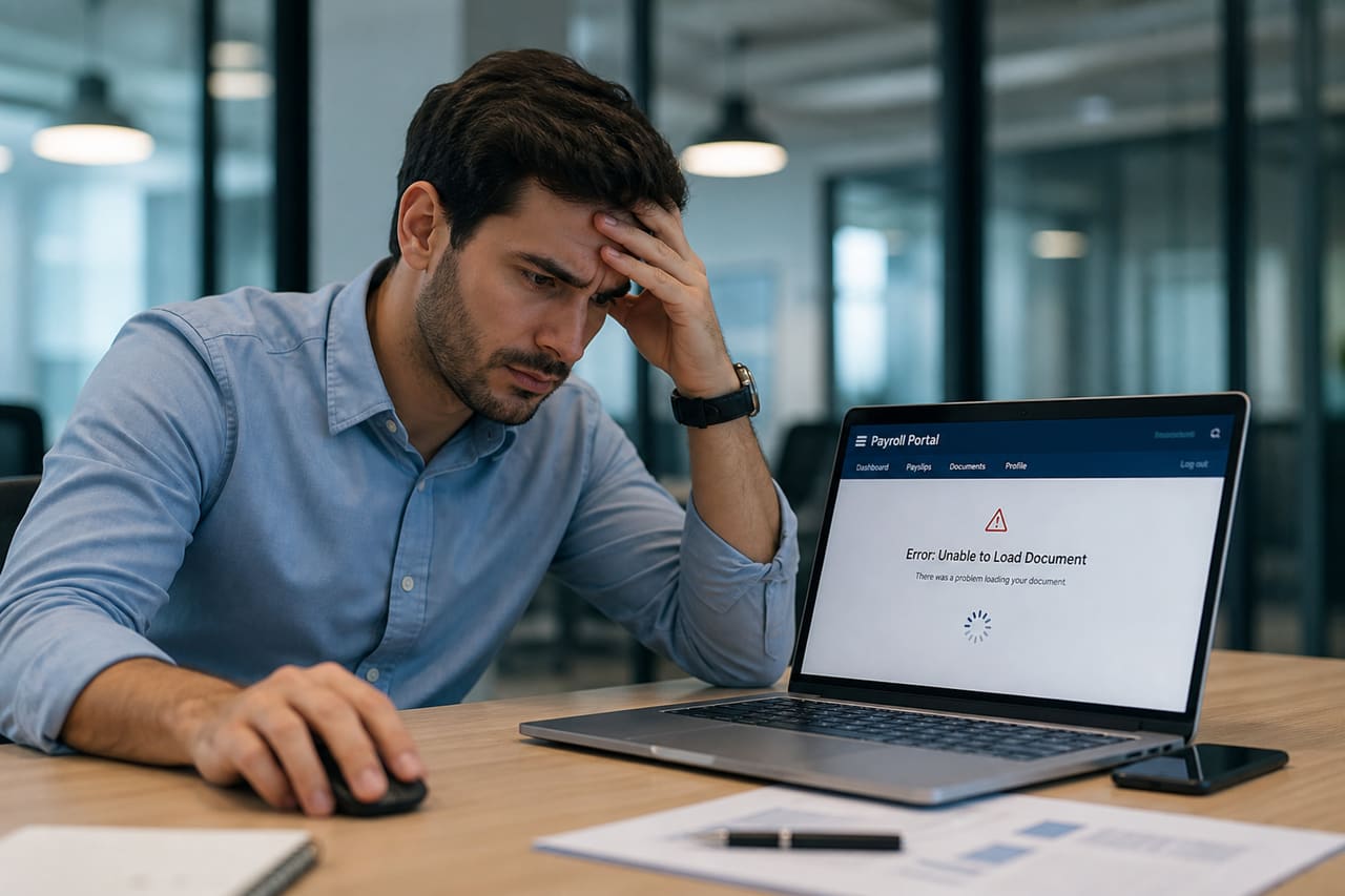 Frustrated Employee Viewing Payroll Error on Laptop
