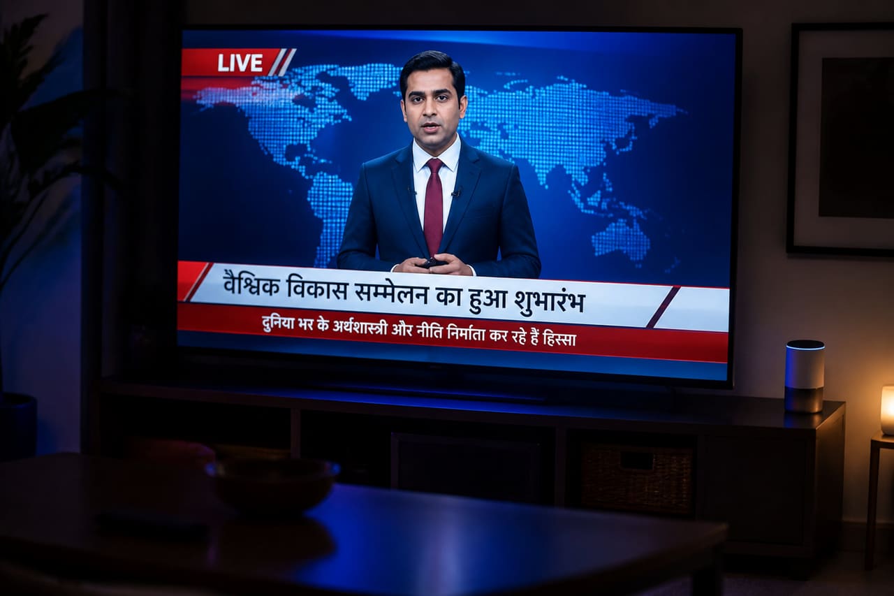 Television Displaying a Live Hindi News Broadcast in a Living Room
