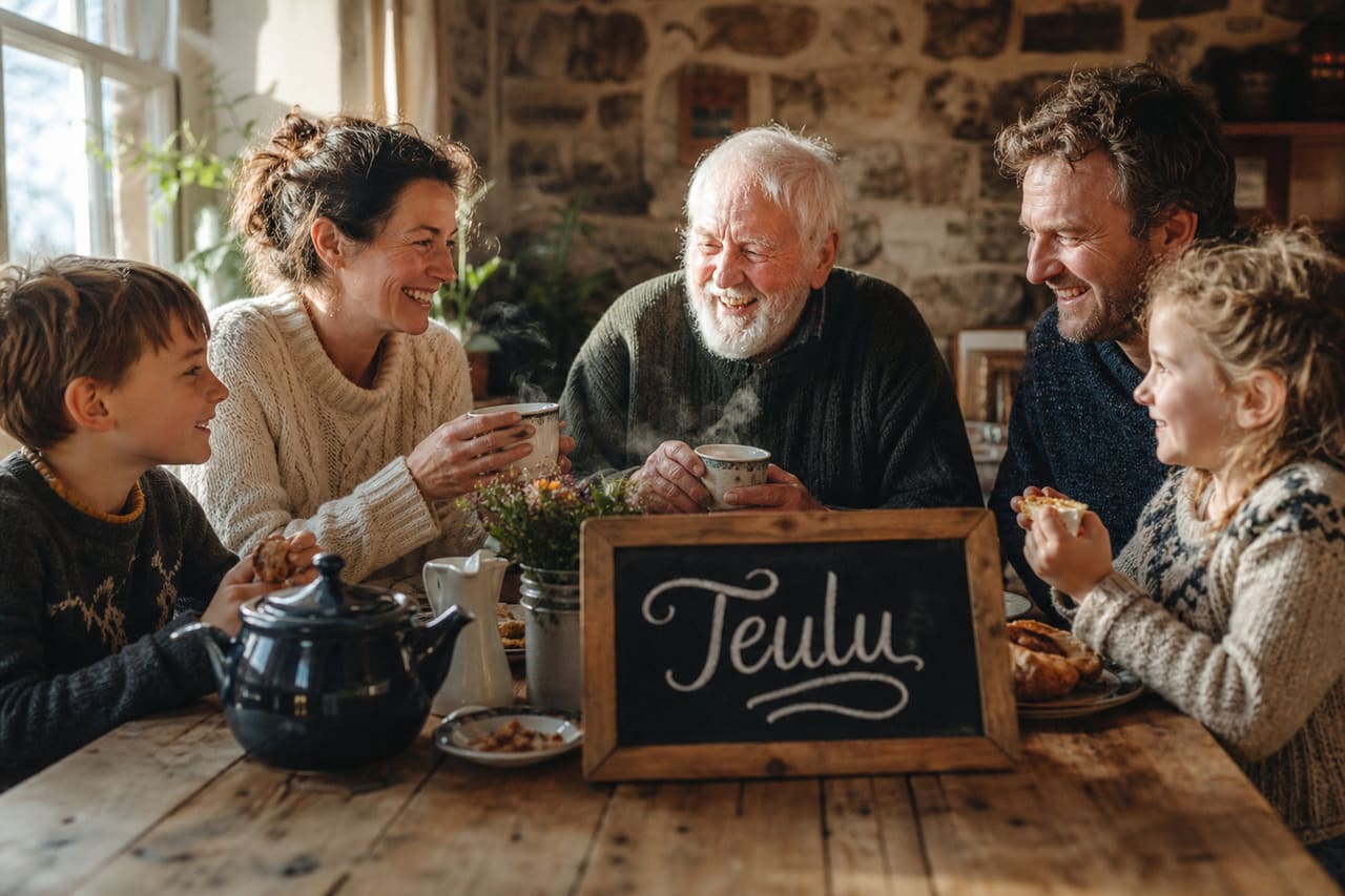 Multi-Generational Family Gathering Around a Table with Teulu Sign