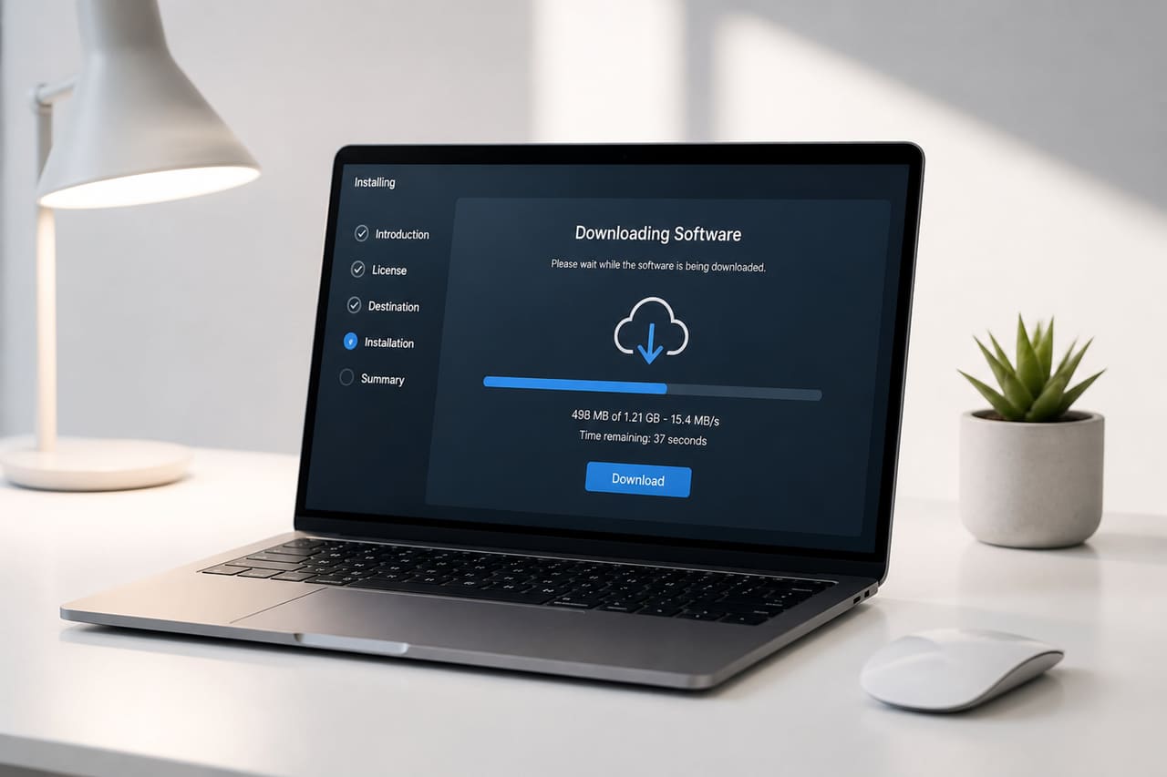 Laptop Displaying Software Installation Interface on White Desk