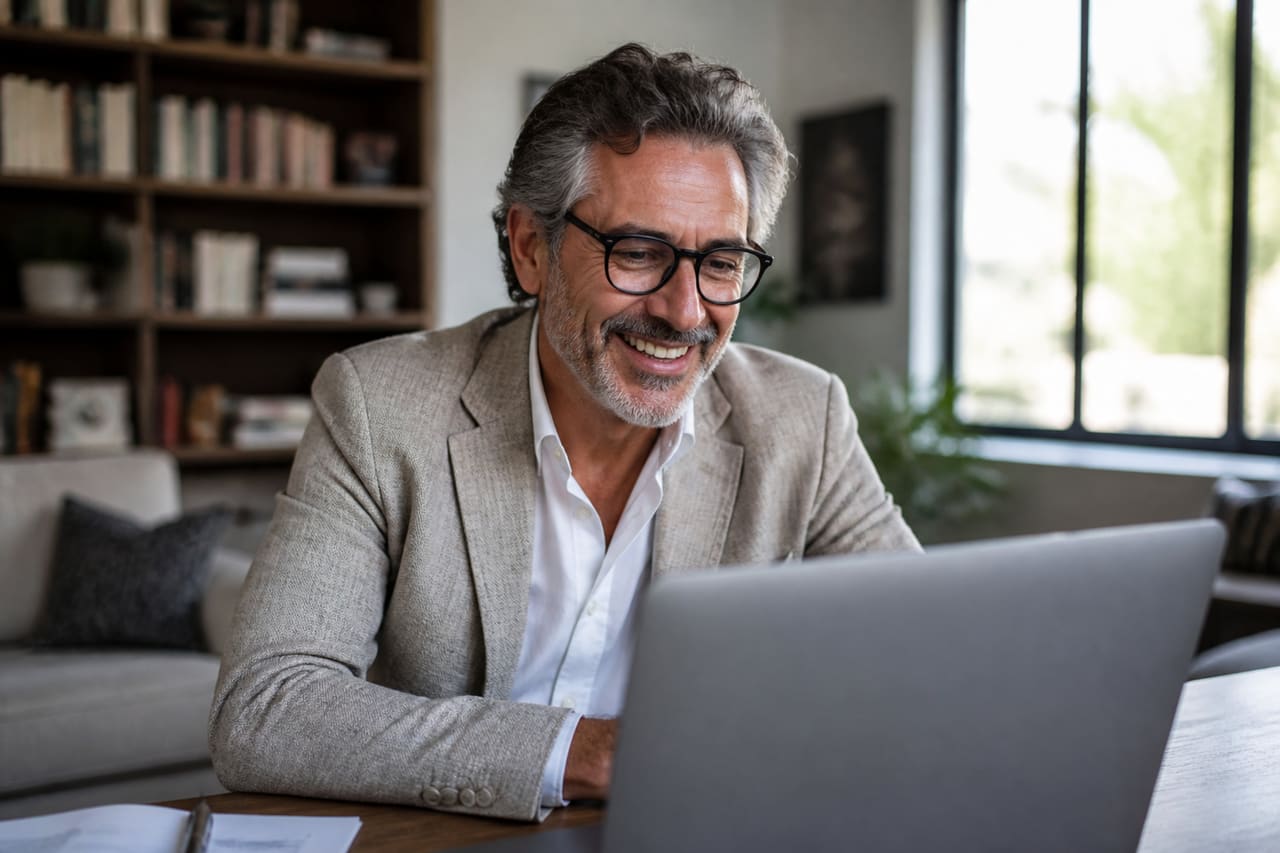 Mature Man Working on Laptop in Sunlit Home Office