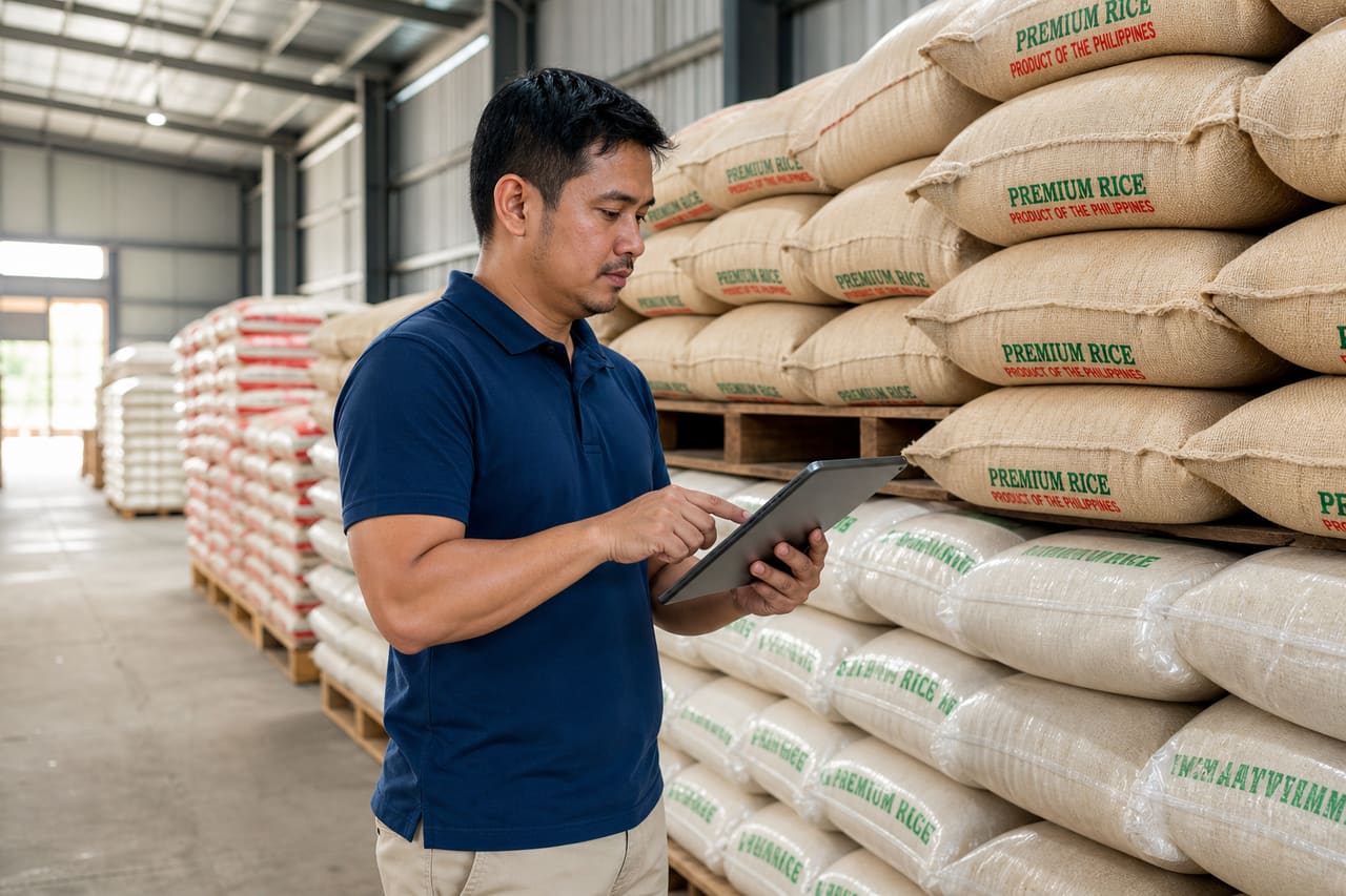 Entrepreneur Managing Rice Inventory in a Philippine Warehouse