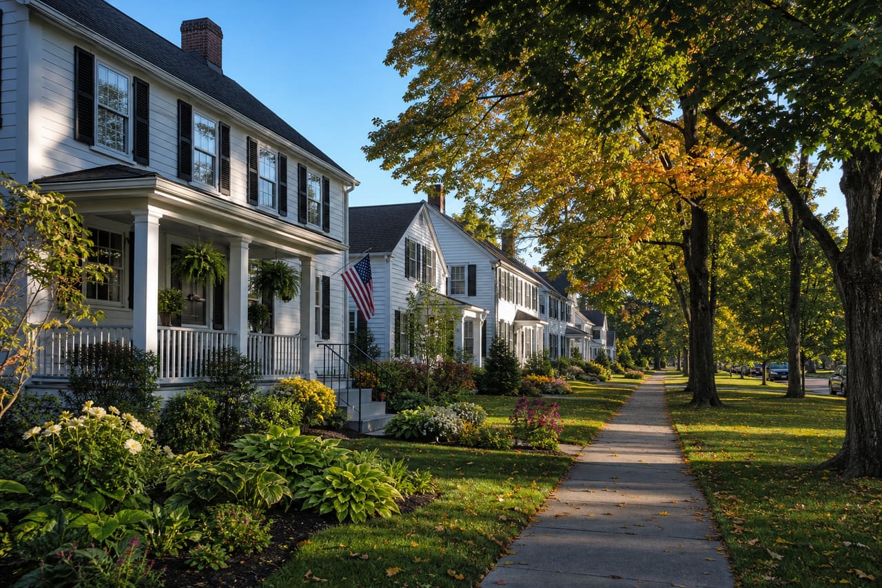 Historic New England Colonial Houses on a Residential Street in Melrose Ma