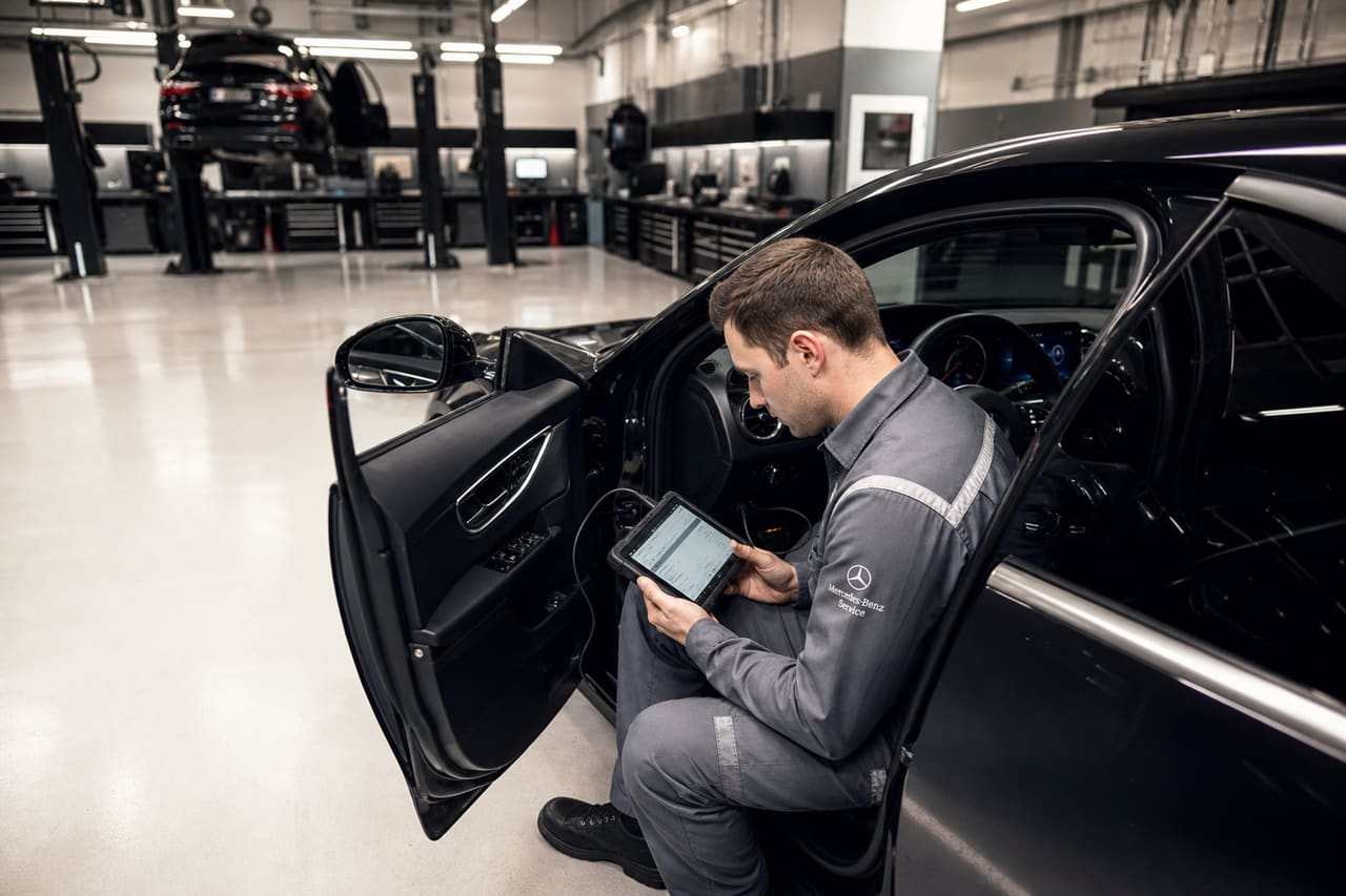 Technician Performing Diagnostics on Luxury Sedan in Professional Garage
