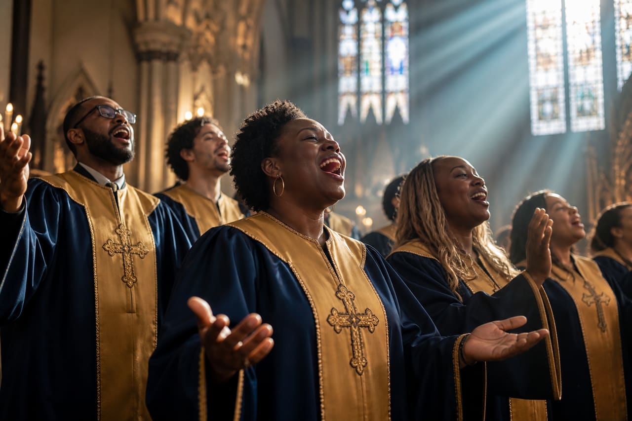 Diverse Choir Singing Gospel Hymns in a Sunlit Cathedral