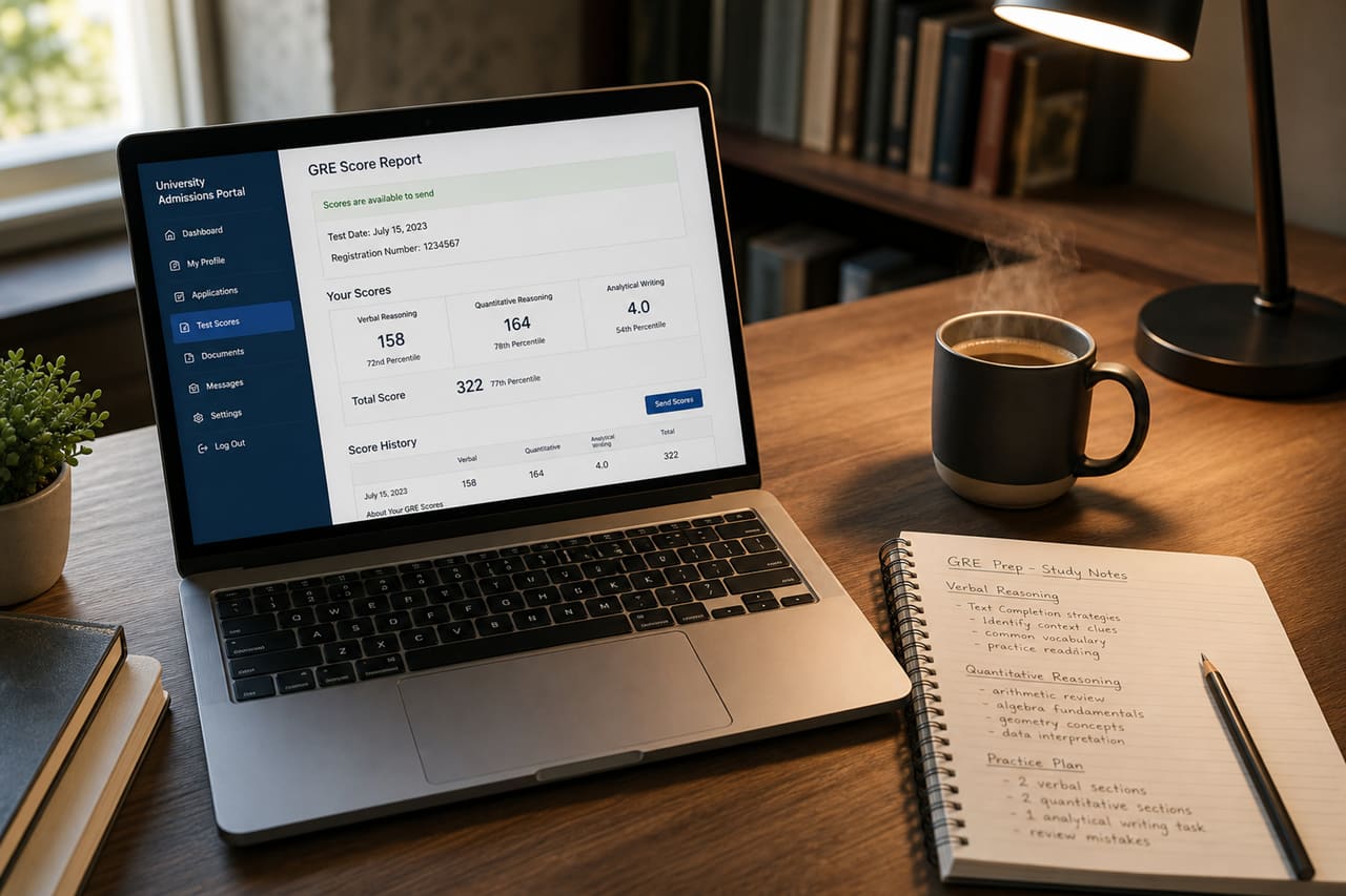 Student Reviewing Gre Scores on Laptop at Study Desk