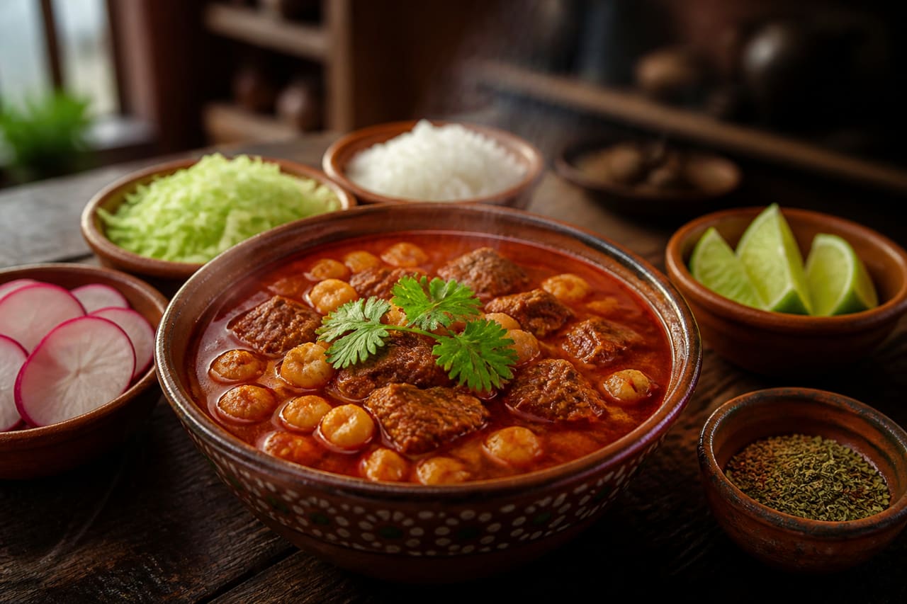 Bowl of Beef Pozole Rojo with Traditional Garnishes