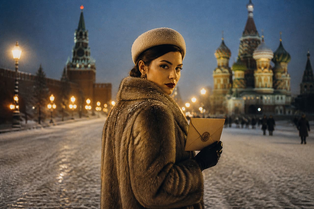 Elegant Woman in Vintage Fur Coat in Snowy Moscow
