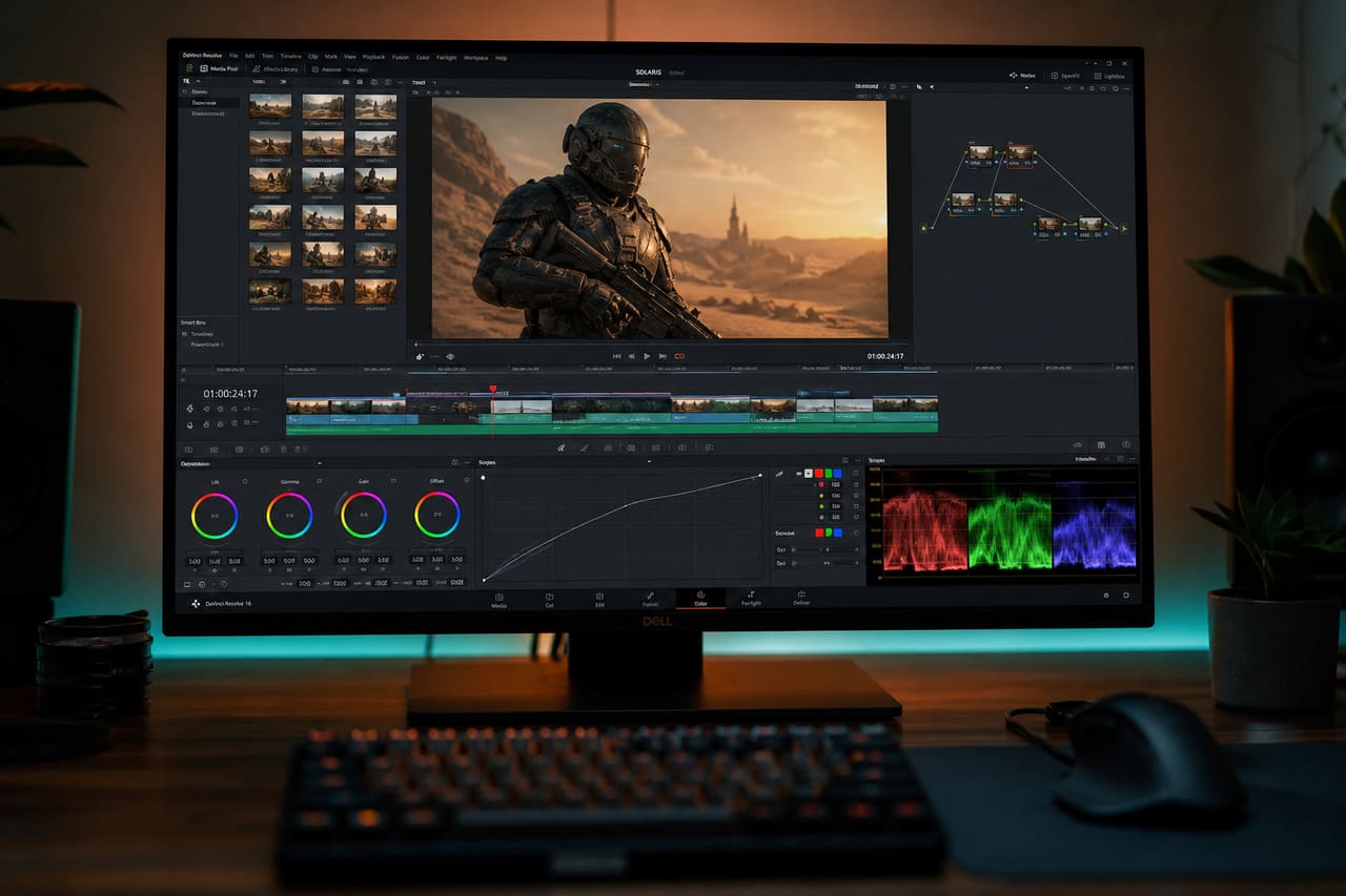 Cinematic Trailer Interface on a High-End Computer Monitor