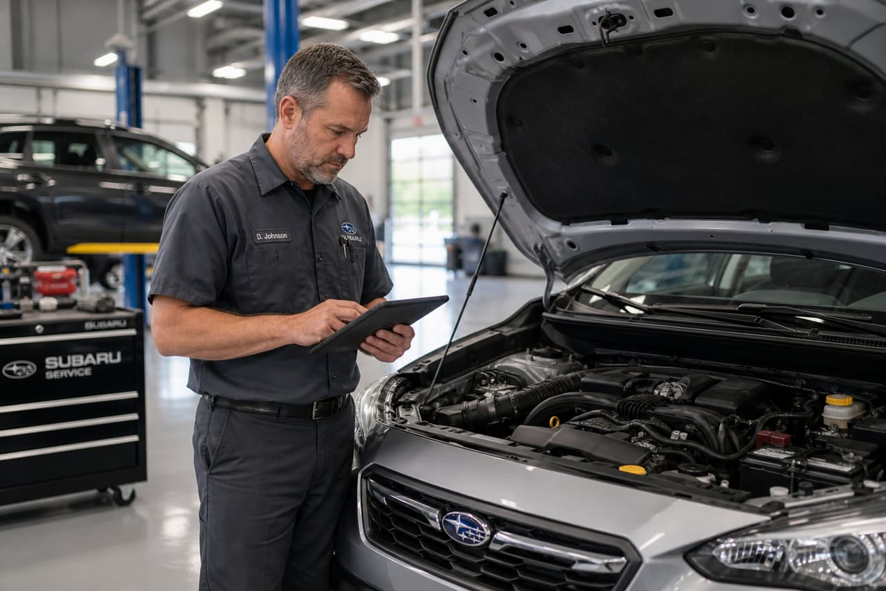 Technician Performing Vehicle Inspection at a Subaru Service Center