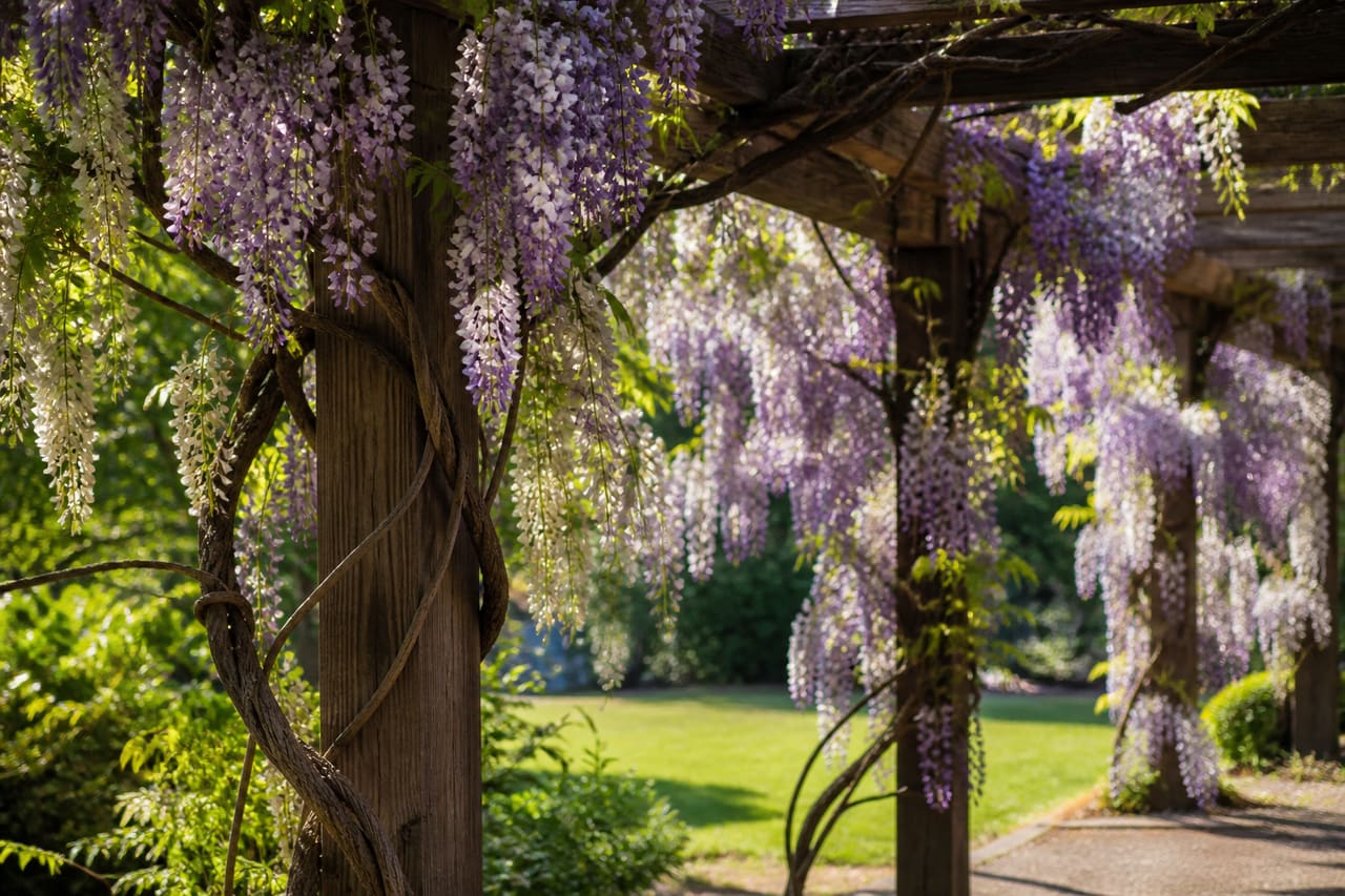 Purple and White Wisteria Vines Blooming Over a Garden Pergola
