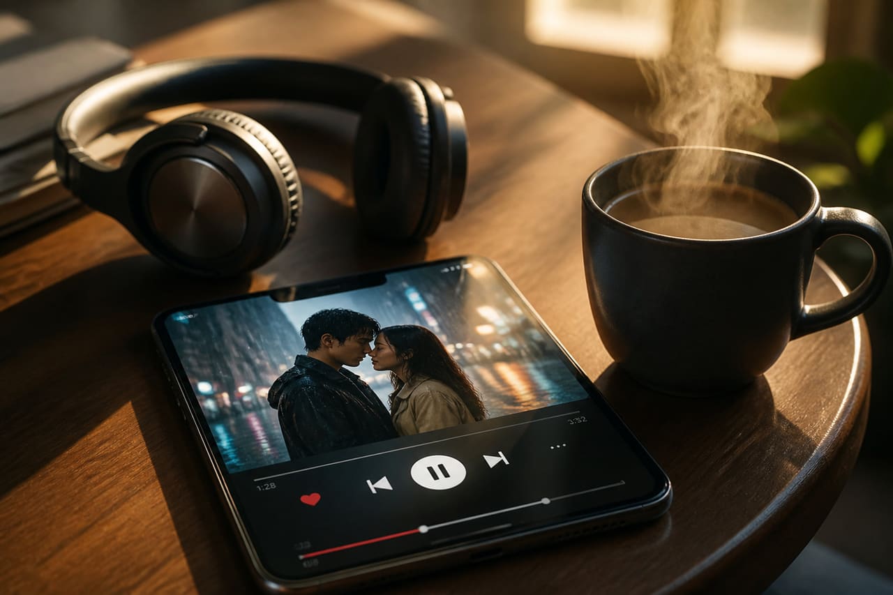 Smartphone Playing Romantic Music Video on Wooden Coffee Table