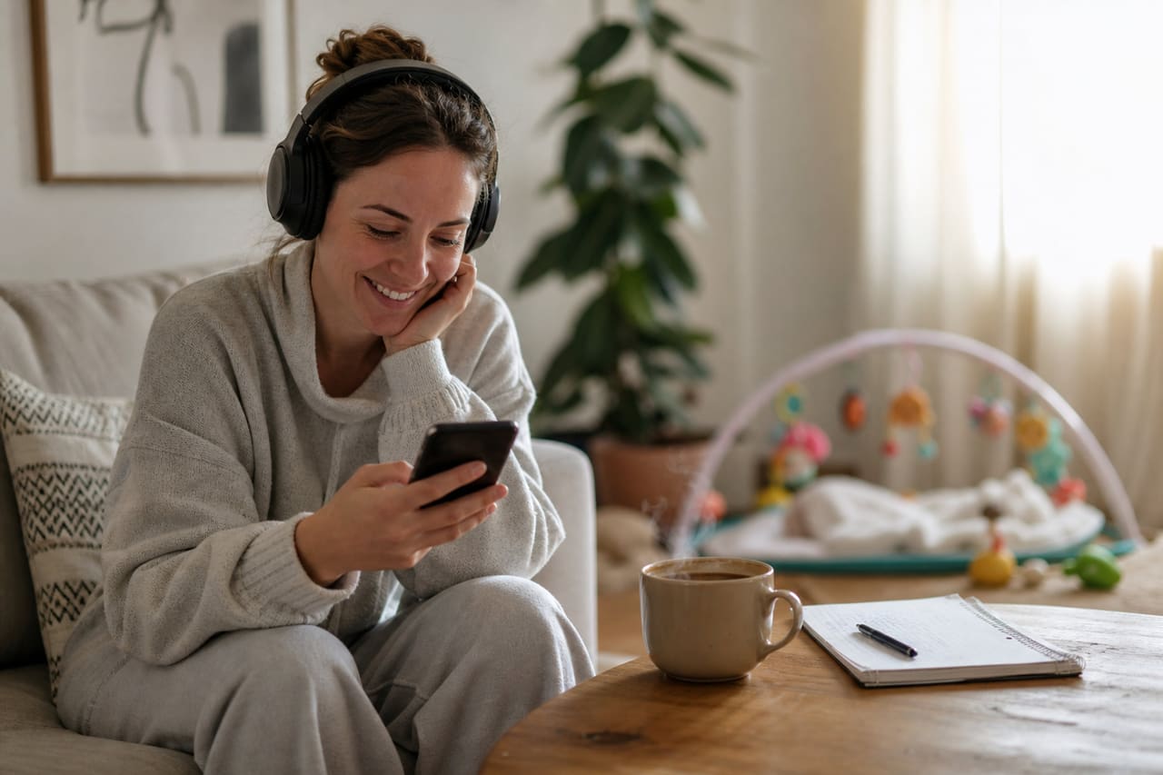 Mother Listening to a Podcast in a Sunny Living Room