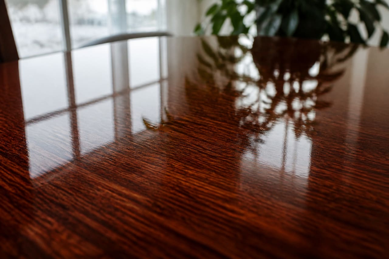 Close-Up of Polished Wood Surface with High Gloss Varnish