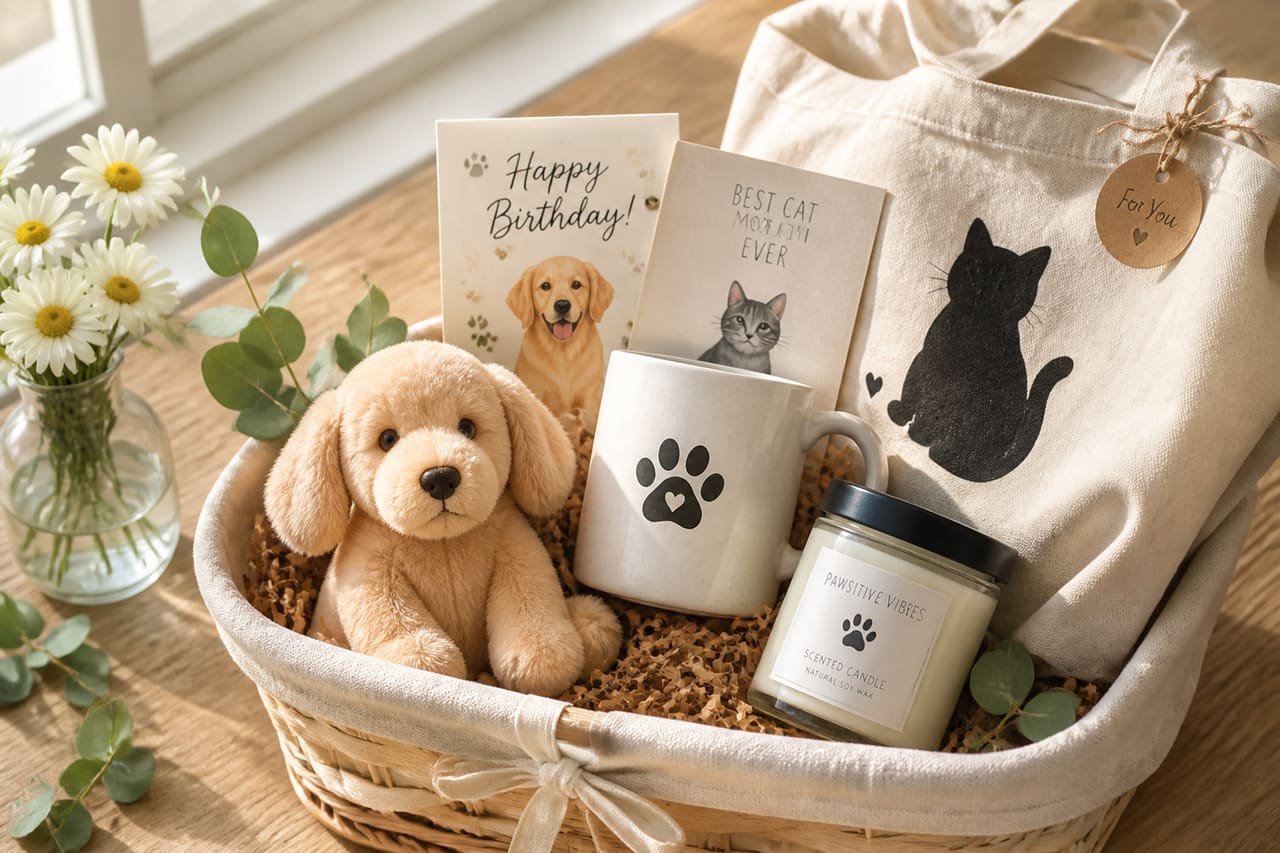 Curated Birthday Gift Basket for Animal Lover on Wooden Table