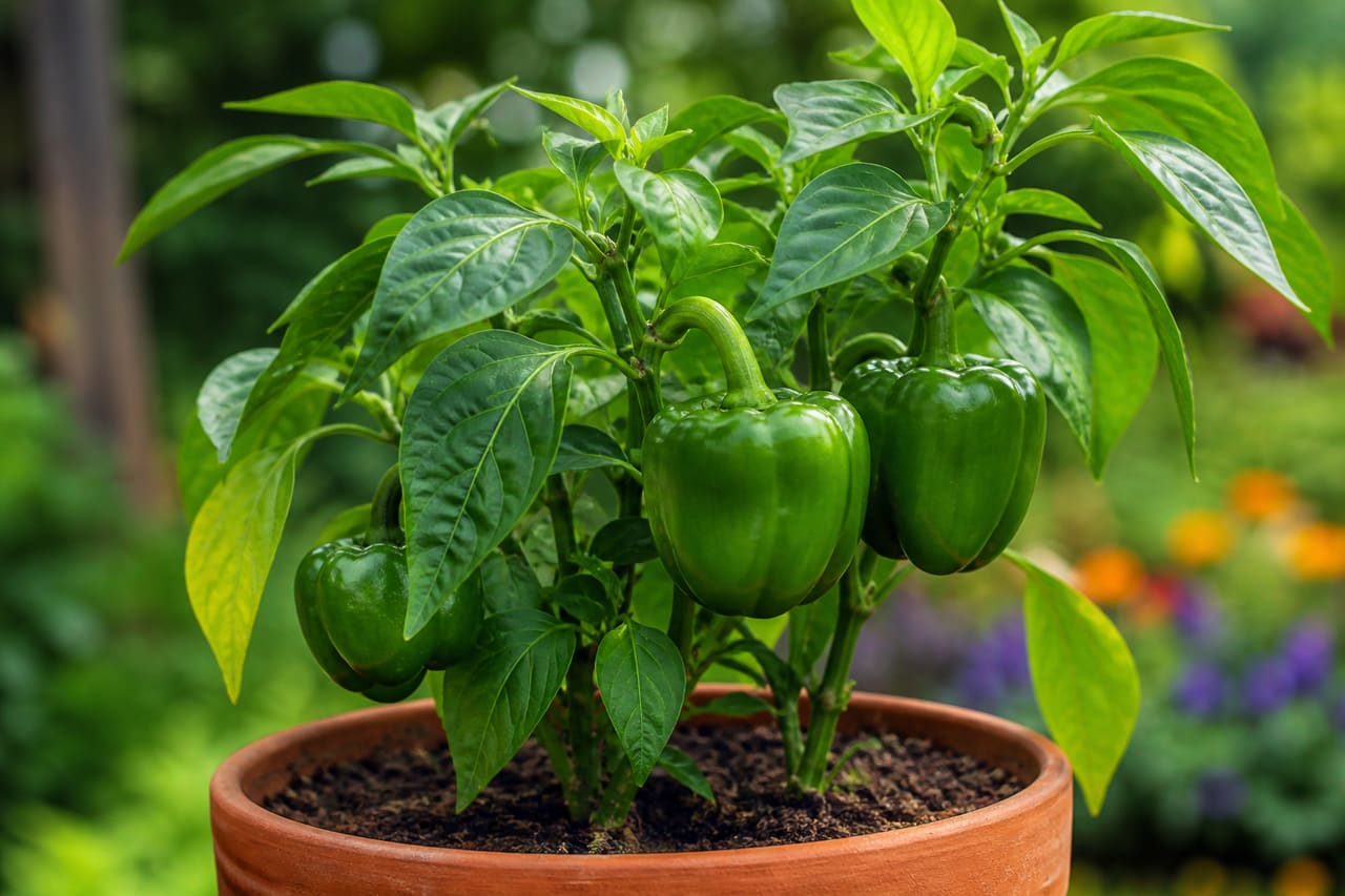 Green Bell Pepper Plant Growing in a Garden Pot