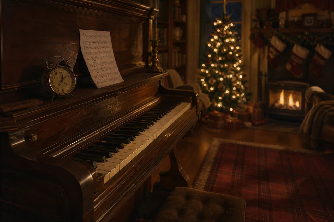 Vintage Mahogany Piano in a Festive Holiday Living Room