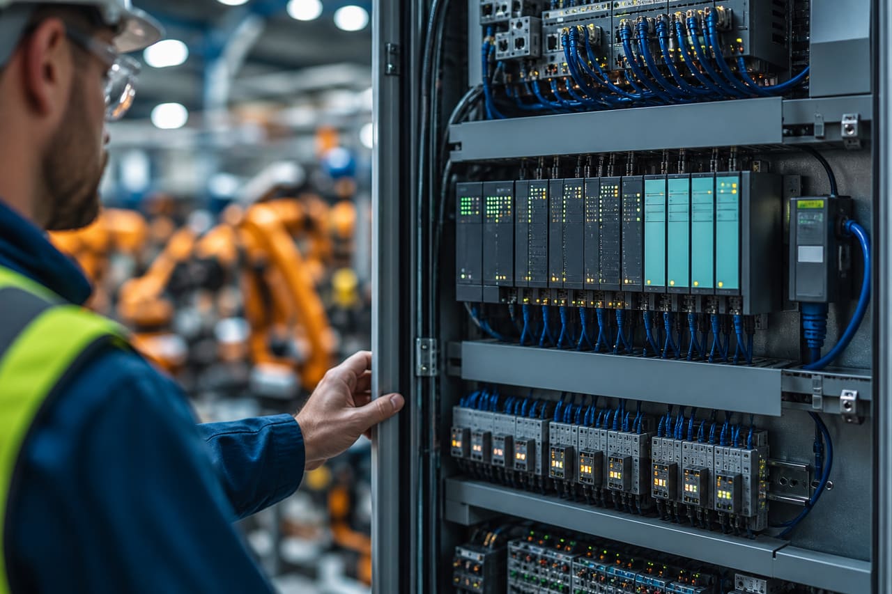 Engineer Inspecting Industrial Automation Control Panel in a Smart Factory