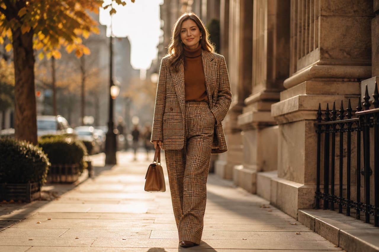 Woman Wearing High-End Designer Plaid Blazer and Trousers in Autumn Cityscape