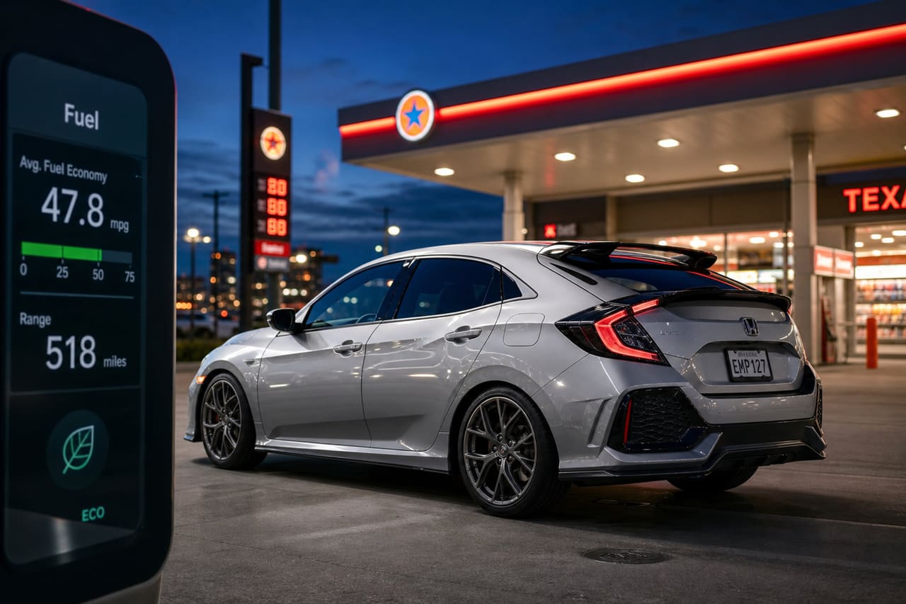 Silver Compact Hatchback at a Modern Fuel Station