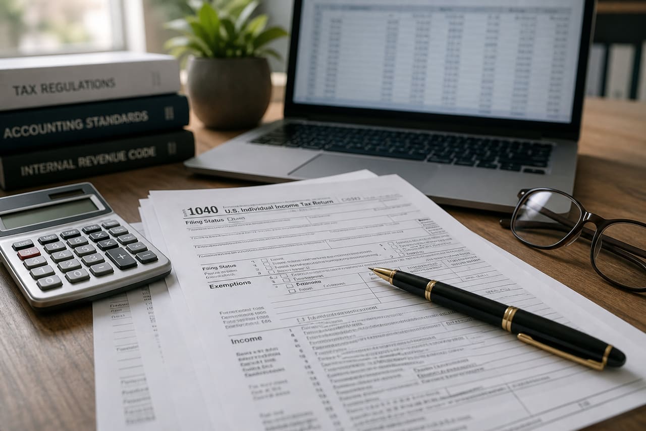 Tax Documents and Calculator on Professional Office Desk
