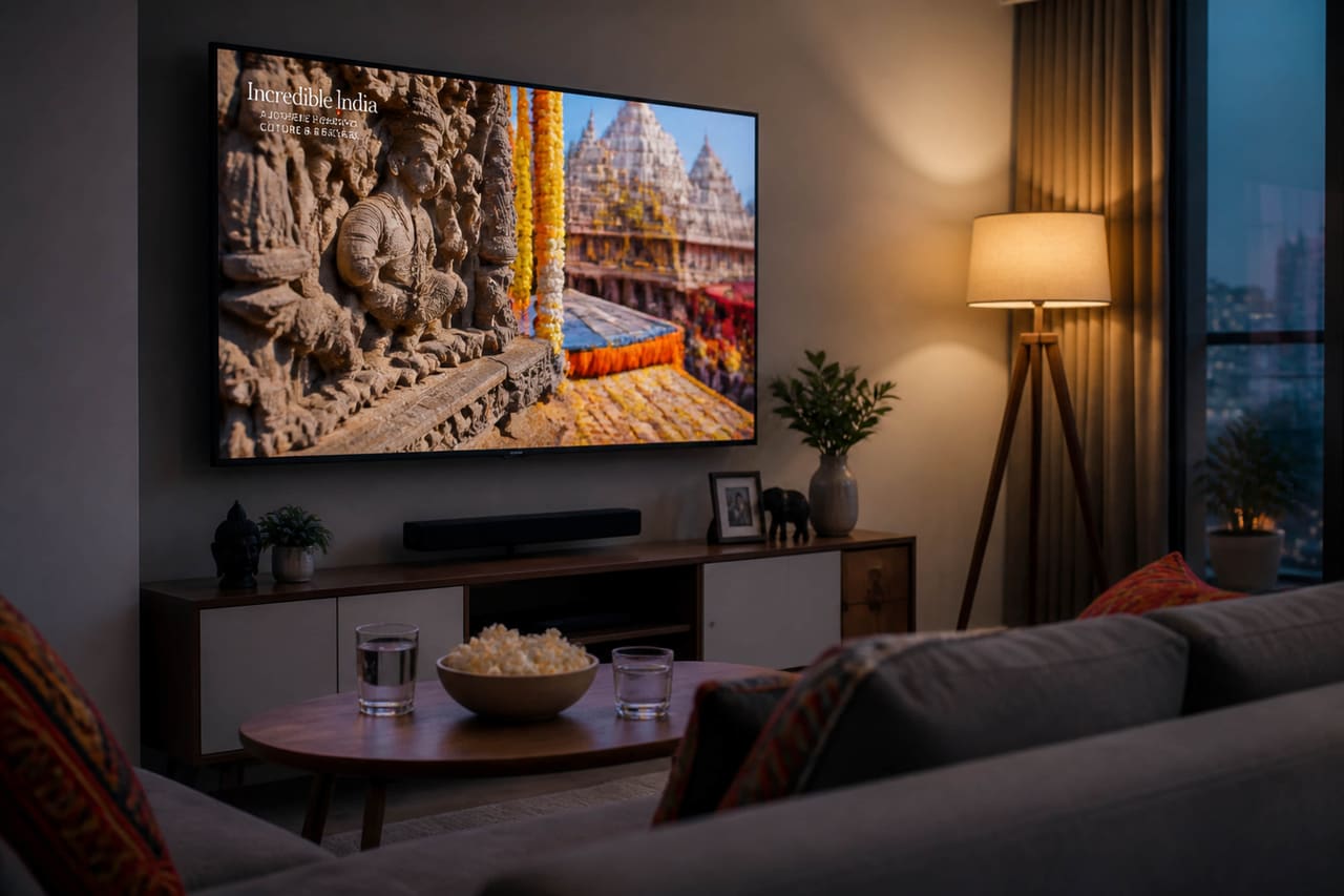 Smart TV Displaying Cultural Documentaries in a Modern Indian Living Room