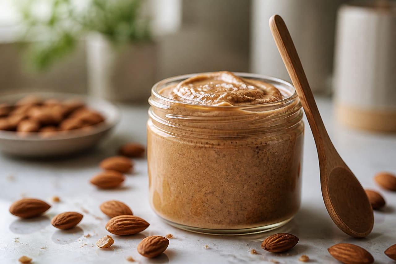 Glass Jar of Creamy Almond Butter with Salt Crystals