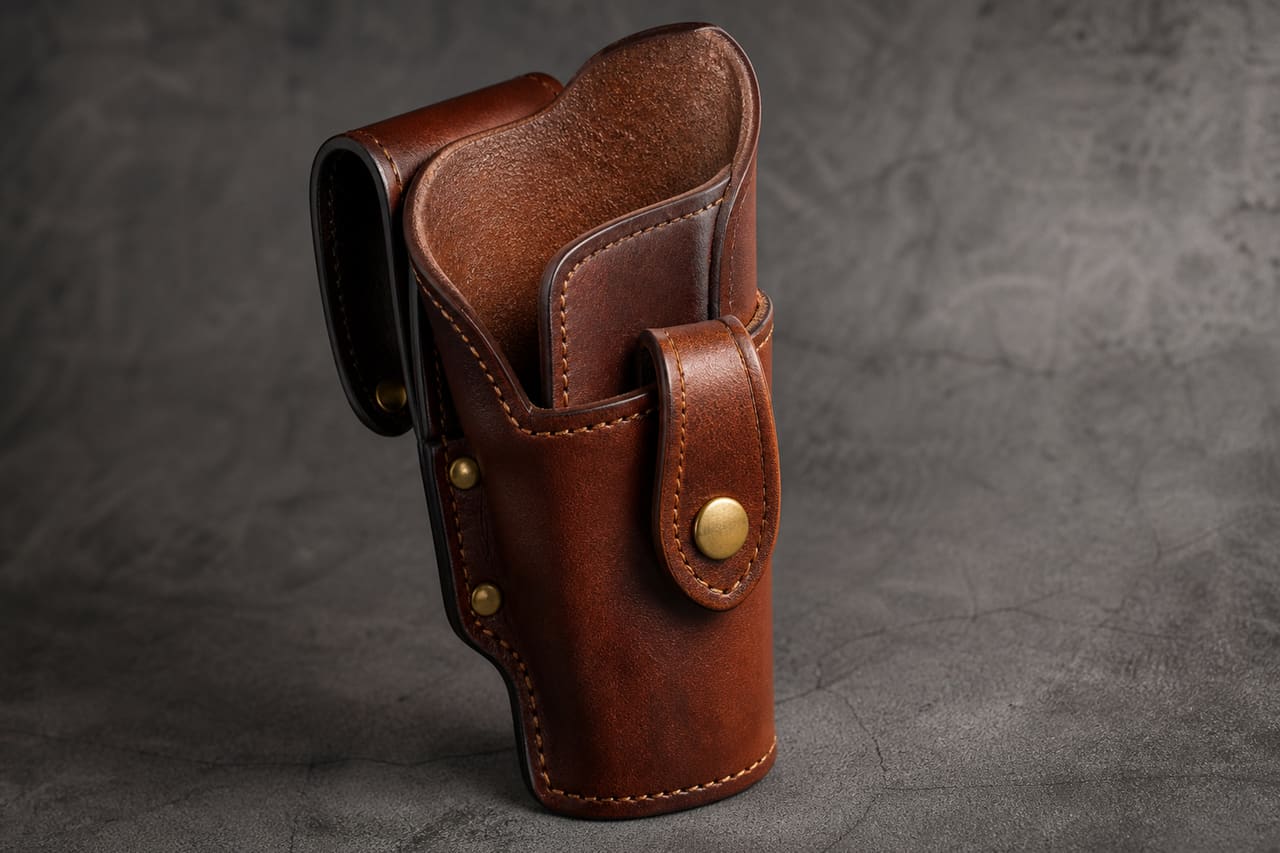 Leather Gun Holster with Brass Hardware on Grey Background
