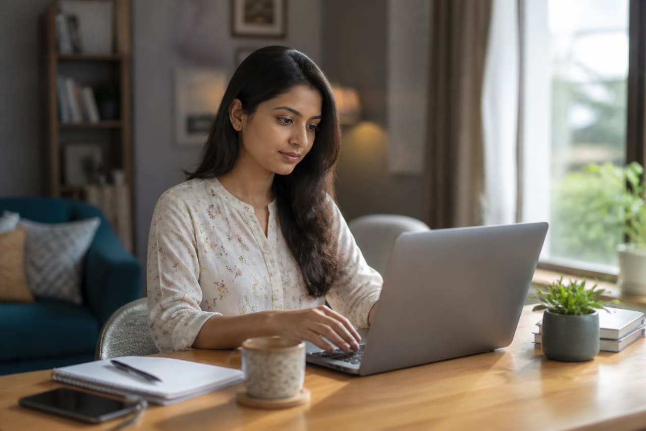 Freelance Content Writer Working on Laptop in Home Office