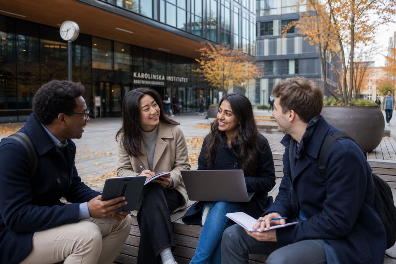 Graduate Students Collaborating on a Modern Swedish University Campus