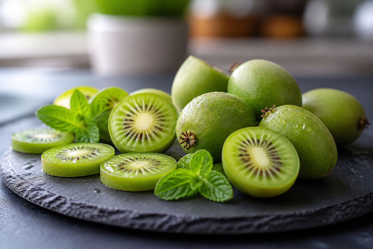 Sliced and Whole Gooseberry Kiwi on a Slate Platter