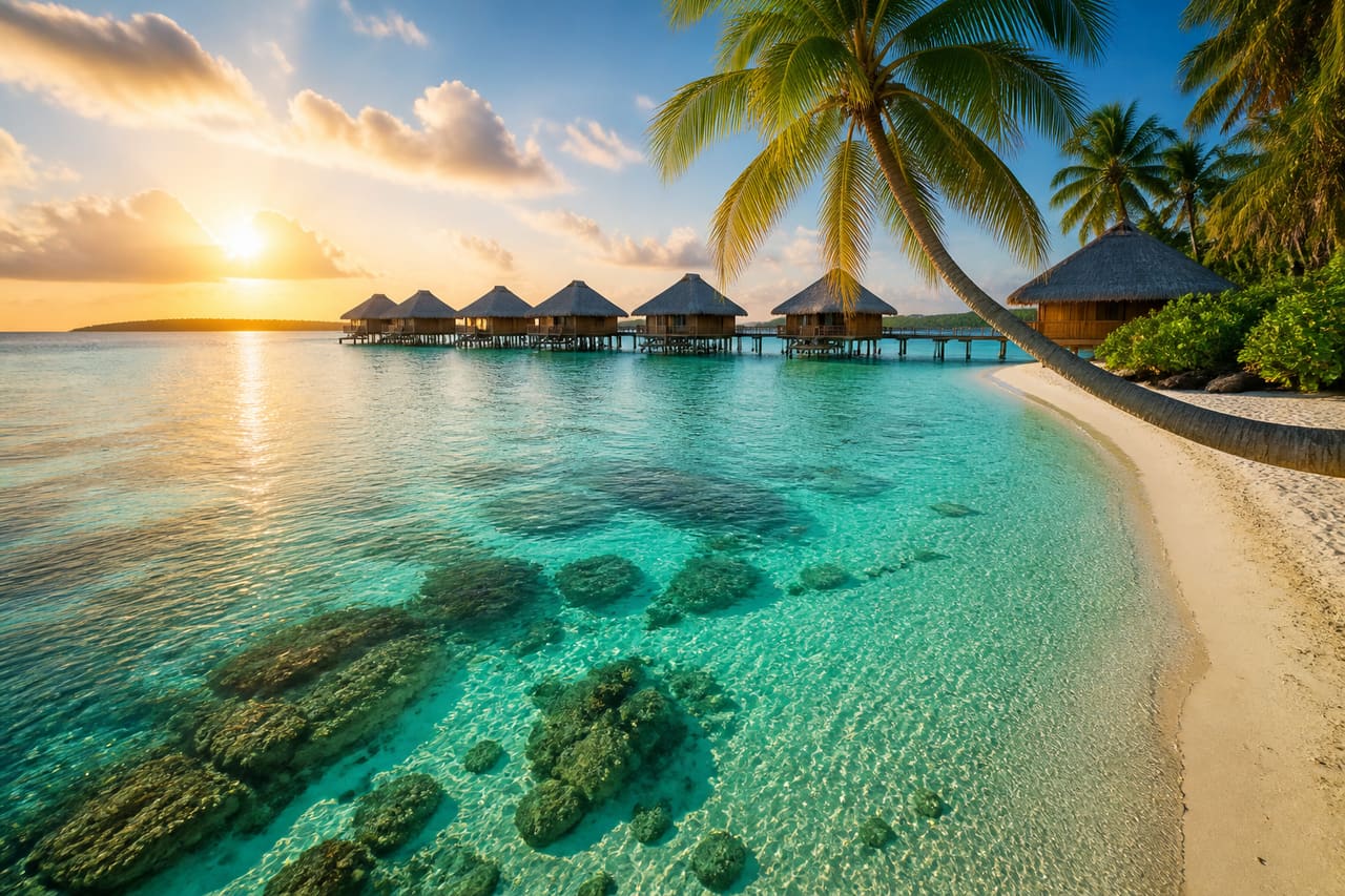 Tropical Beach Resort with Overwater Bungalows and Palm Trees