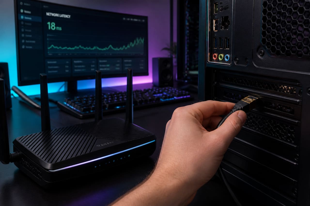 Ethernet Cable Connecting to Pc for Low Latency Gaming