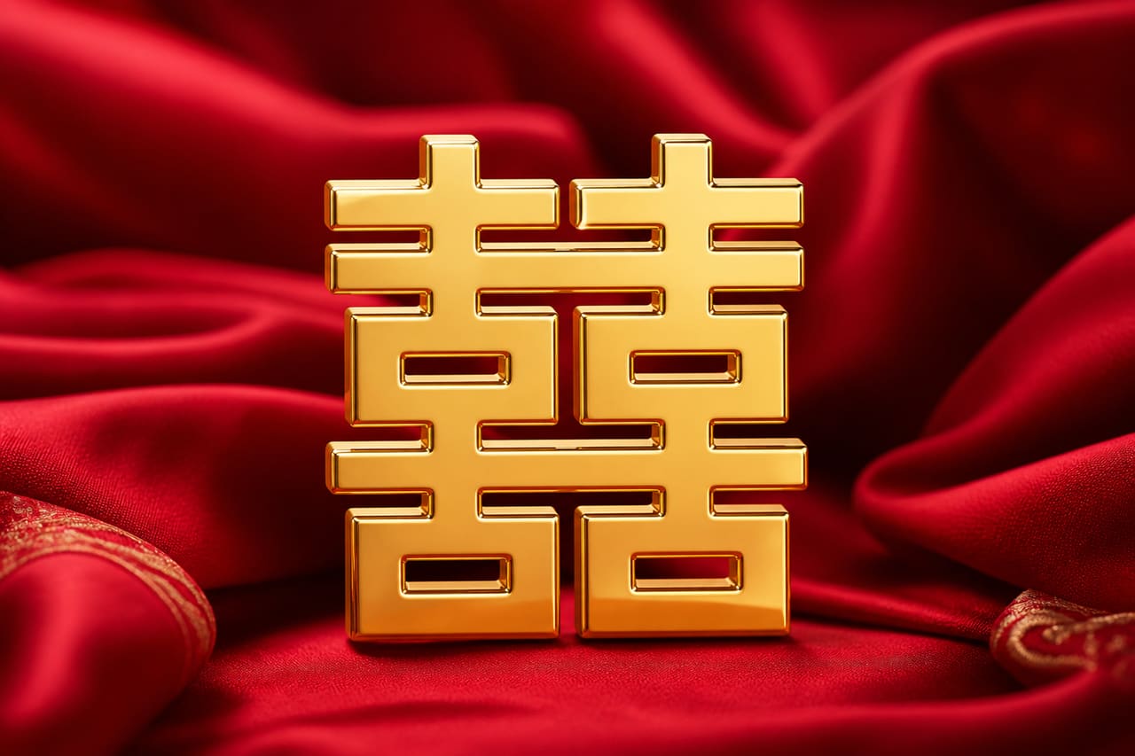 Polished Gold Double Happiness Symbol on Red Silk Fabric