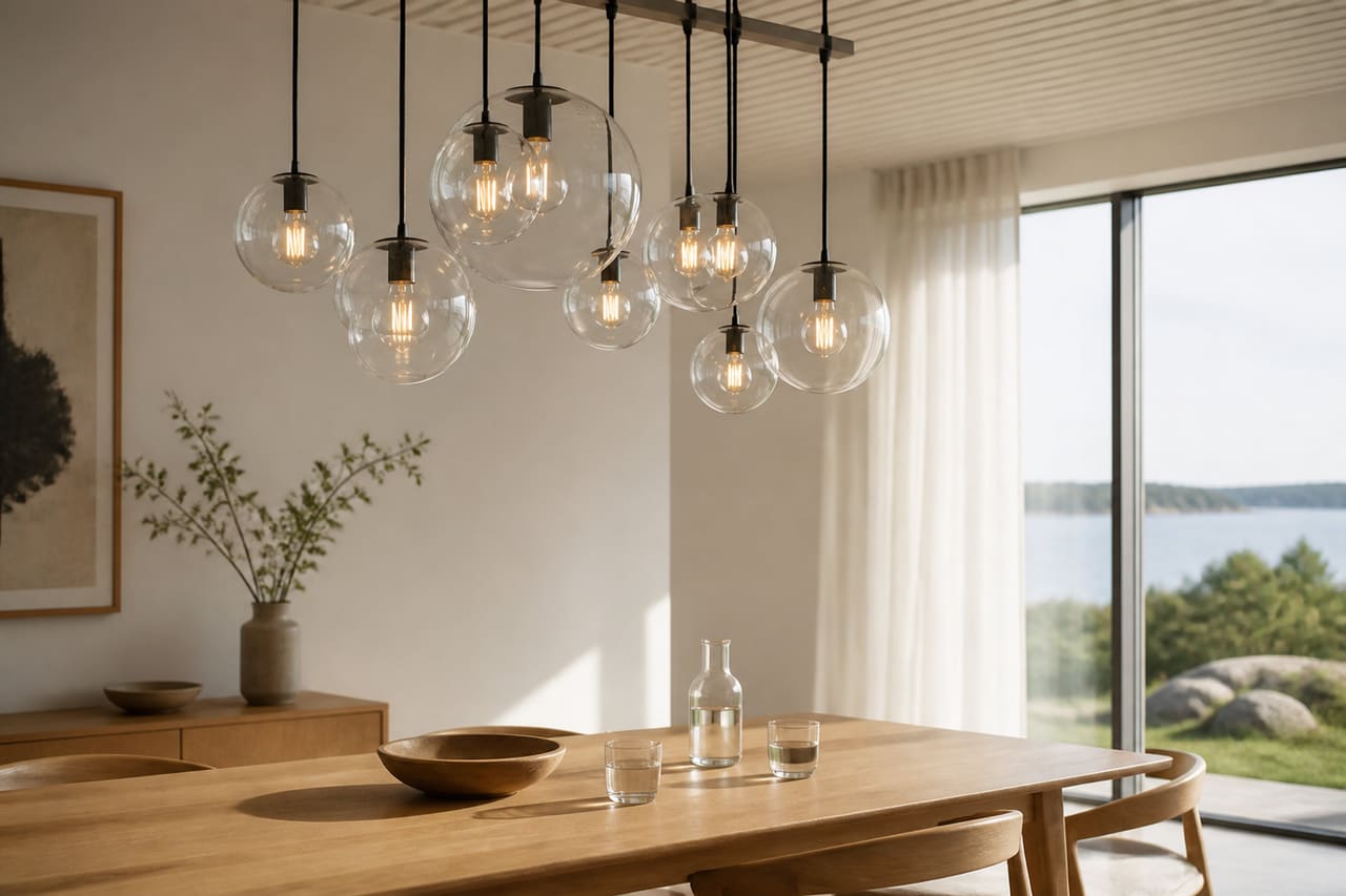 Modern Hanging Glass Globe Chandelier in Minimalist Dining Room