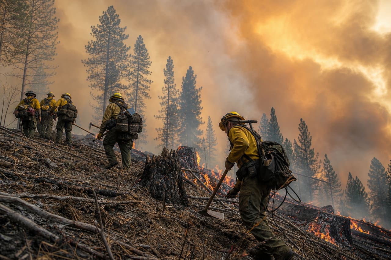 Firefighters Battling a Forest Fire in Challis Idaho