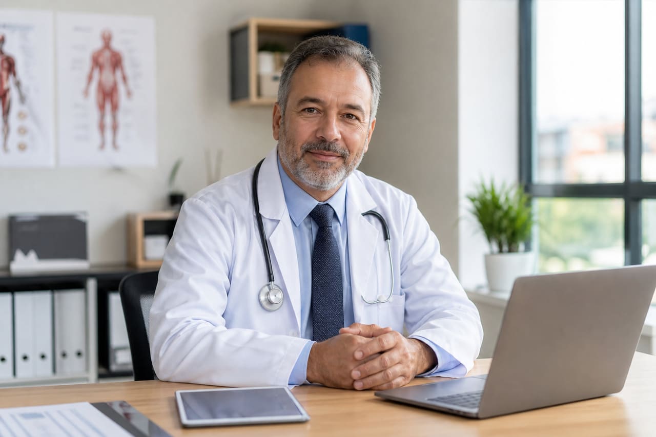 Professional Male Doctor Sitting at Desk in Modern Clinic