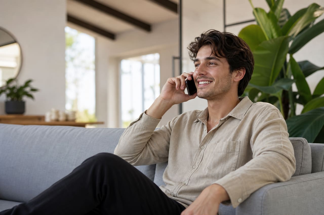 Person Using Smartphone for Long Distance Call in Modern Living Room