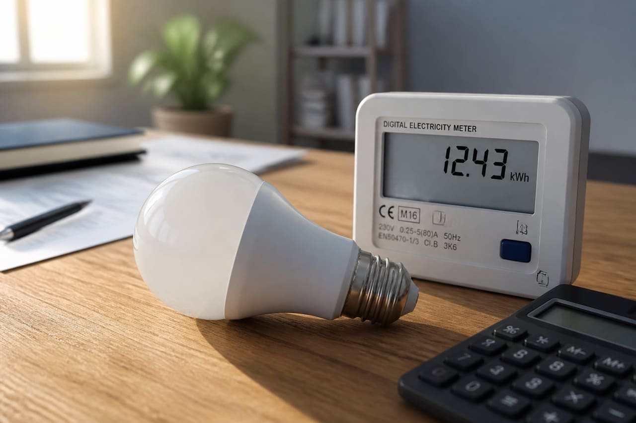 LED Light Bulb with Digital Meter and Calculator on Desk