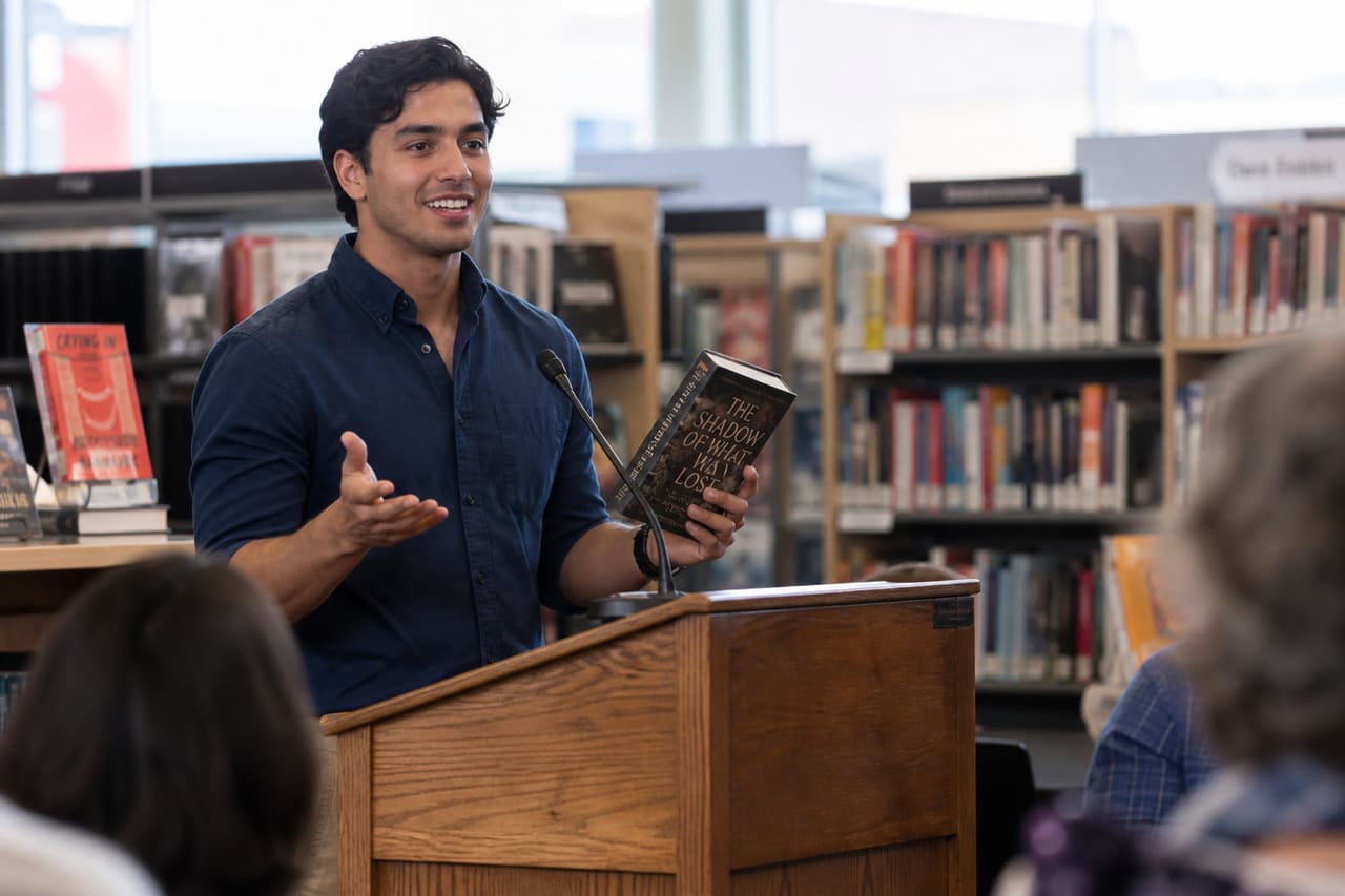 Student Delivering a Book Review Speech at a Podium