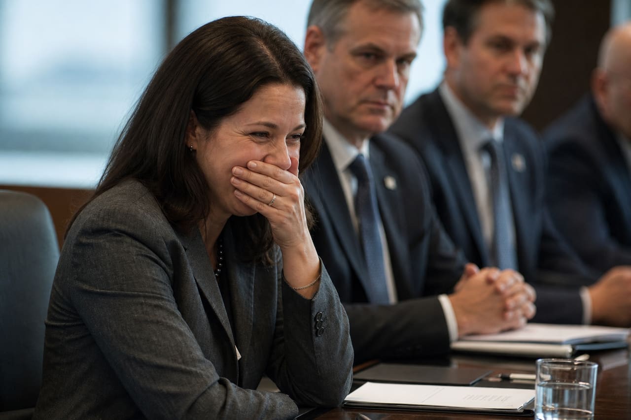 Woman Struggling with Inappropriate Laughter During a Somber Meeting