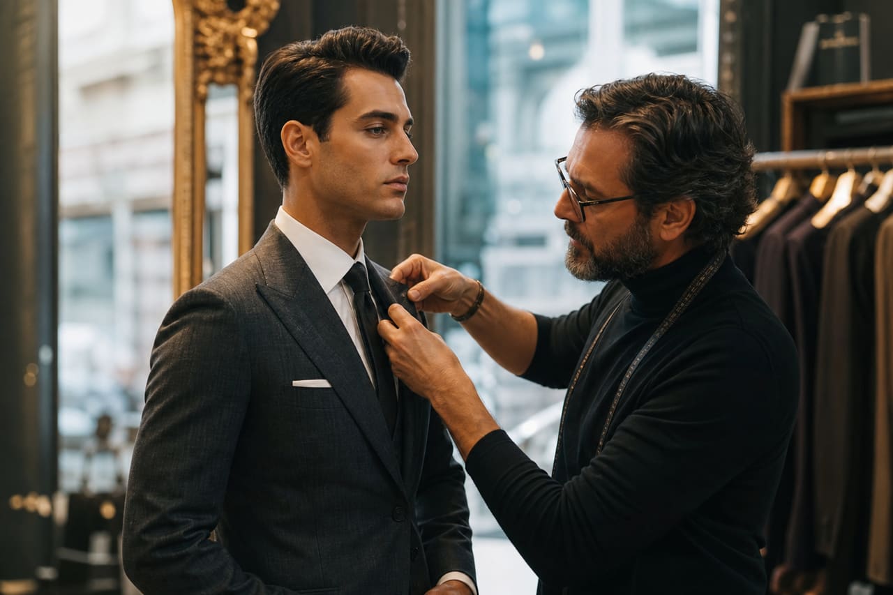 Professional Stylist Adjusting Tailored Suit on Male Client