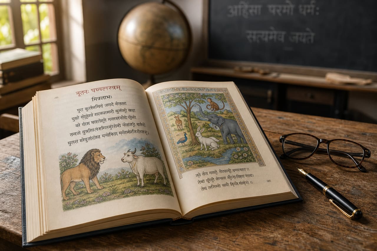 Sanskrit Textbook and Writing Tools on a Wooden Desk