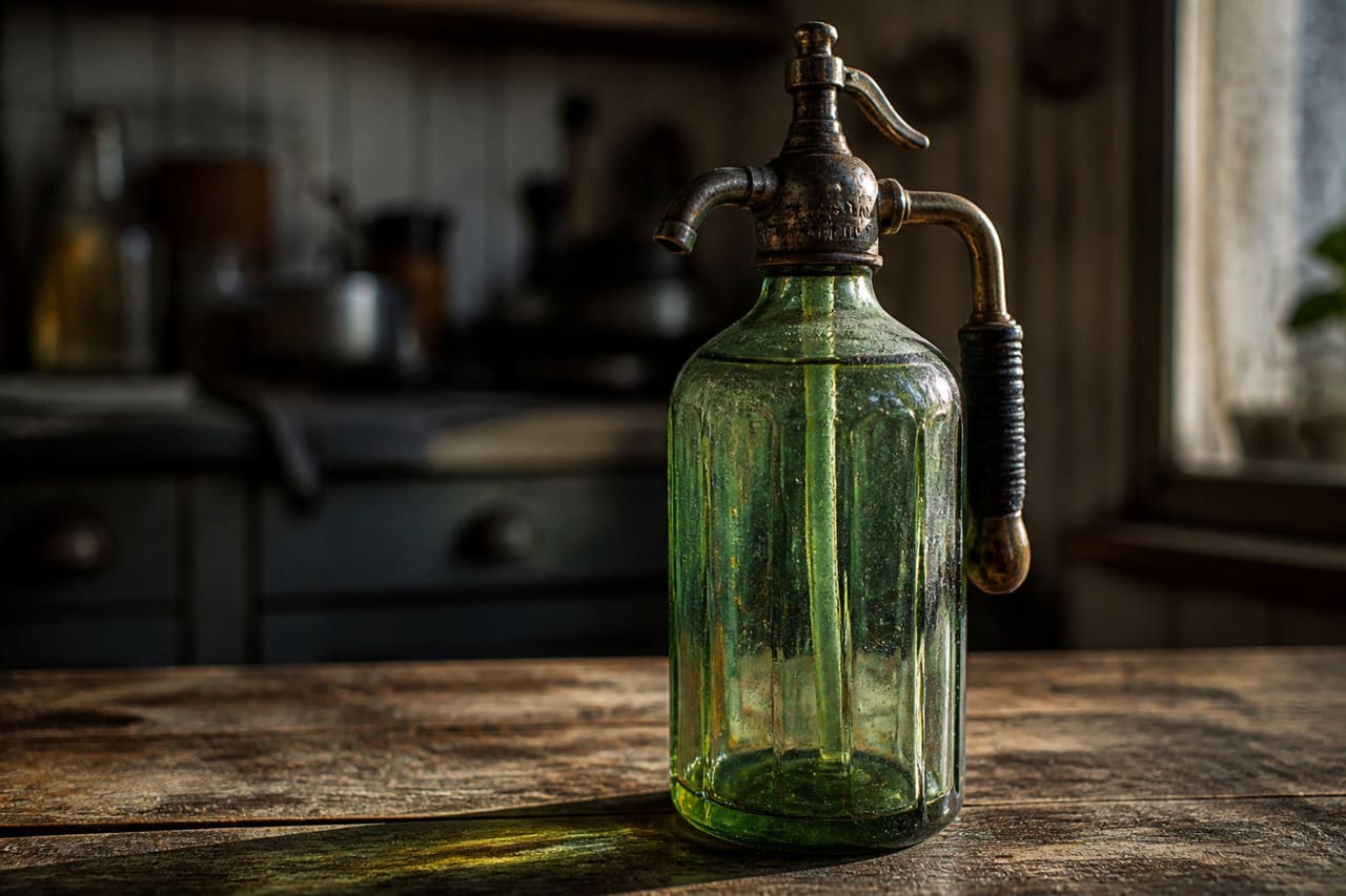Vintage Green Glass Seltzer Water Bottle on Rustic Table